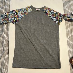 Gray Long Sleeve Tee with Colorful Patterned Sleeves